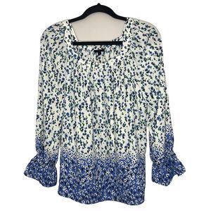 Talbots Blouse Women's Large Petite Blue White Floral Bell Sleeve Square Neck
